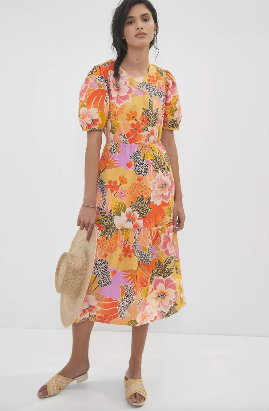 Farm Rio Anthropologie Maribel Tiered Puff Sleeve Midi Dress Floral Leopard XL